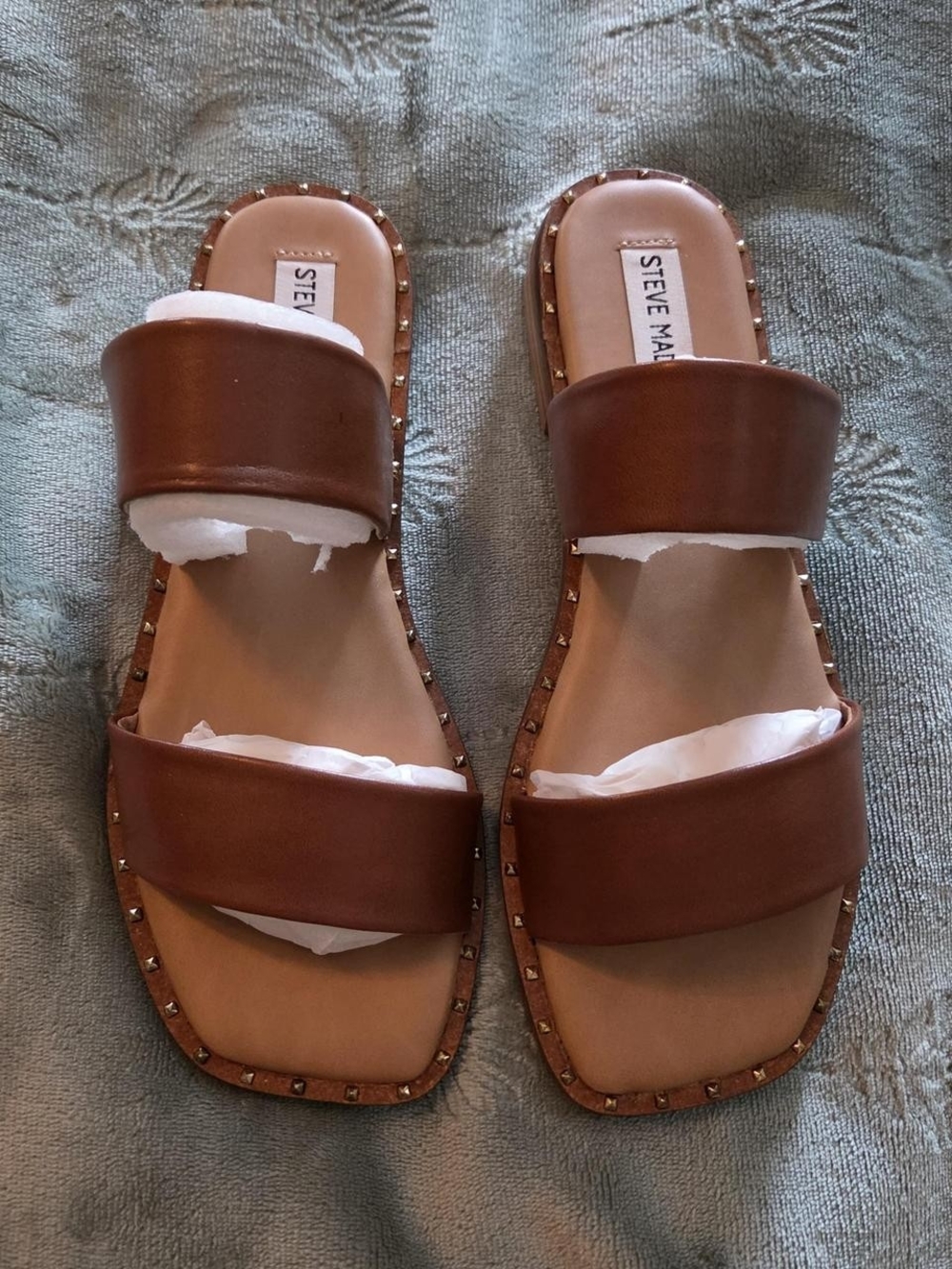 Steve Madden Chestnut Brown Double-Band Studded Slide Sandals